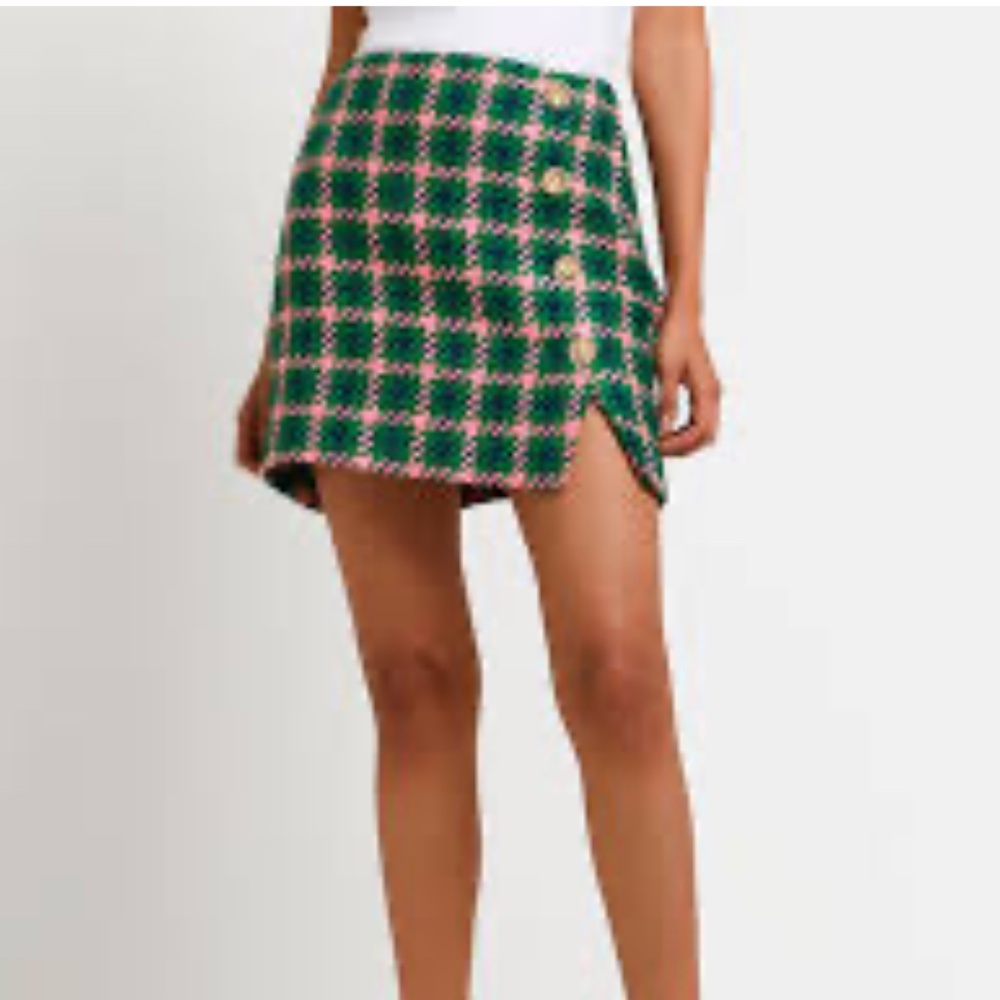 River Island Tweed Boucle Skirt Green Pink Houndstooth UK 12/ US 6